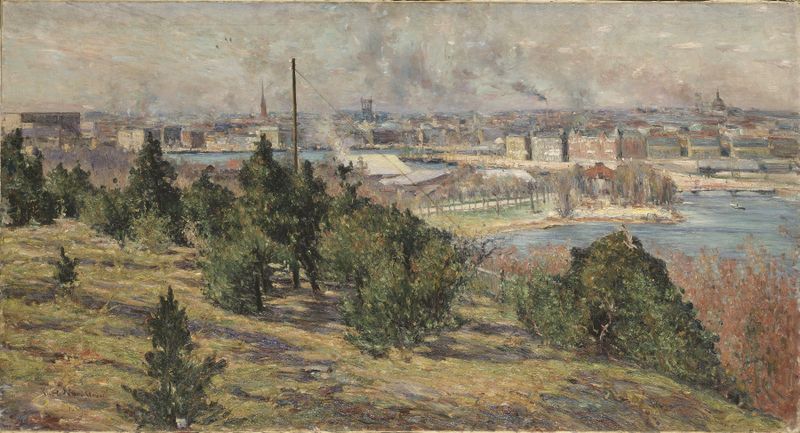 Landscape view of Stockholm with water and light, oil painting by Karl Nordström