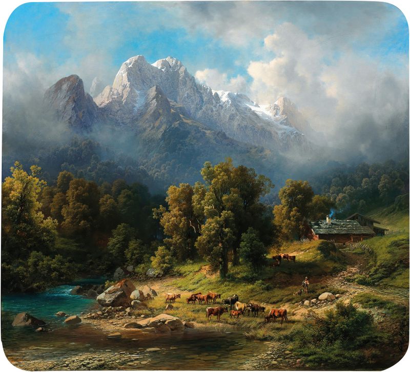 Grazing Cows near an Alpine Lake by Carl Millner, oil on canvas