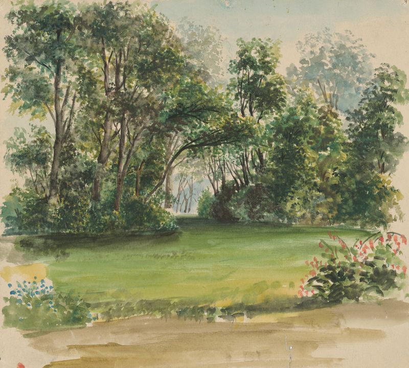 Park in Strážky de Ladislav Mednyánszky, óleo sobre lienzo que muestra un paisaje tranquilo con árboles y luz.