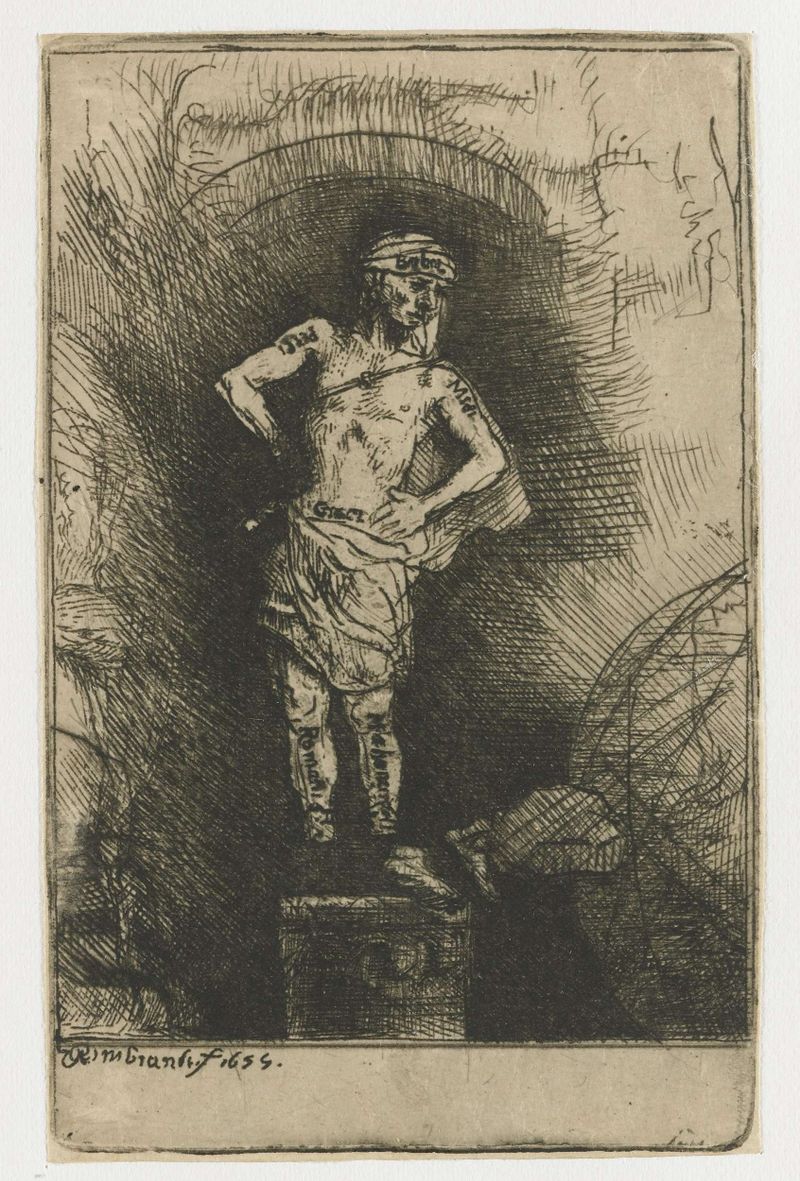 Grabado de Rembrandt van Rijn que representa a Nabucodonosor en contemplación.