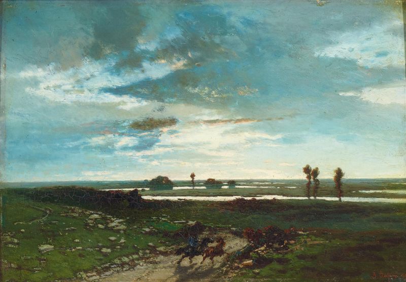 Caballos salvajes junto a un río, óleo de Alberto Pasini