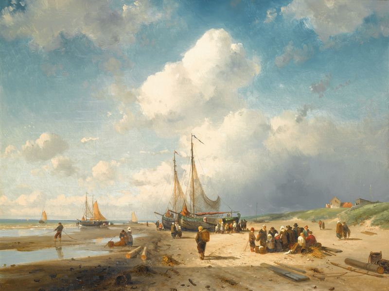 Escena costera con pescadores en la orilla, óleo sobre lienzo de Charles Leickert