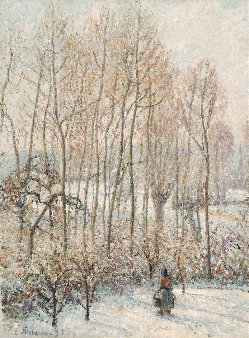 Morning Sunlight on the Snow, pintura al óleo de Camille Pissarro que representa un paisaje invernal con nieve.