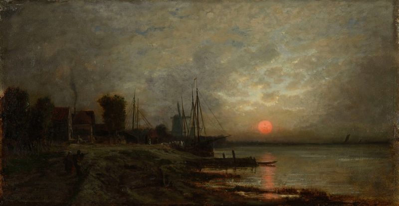 Coucher de soleil en Hollande de Auguste Anastasi, óleo que muestra un vibrante atardecer sobre un paisaje.