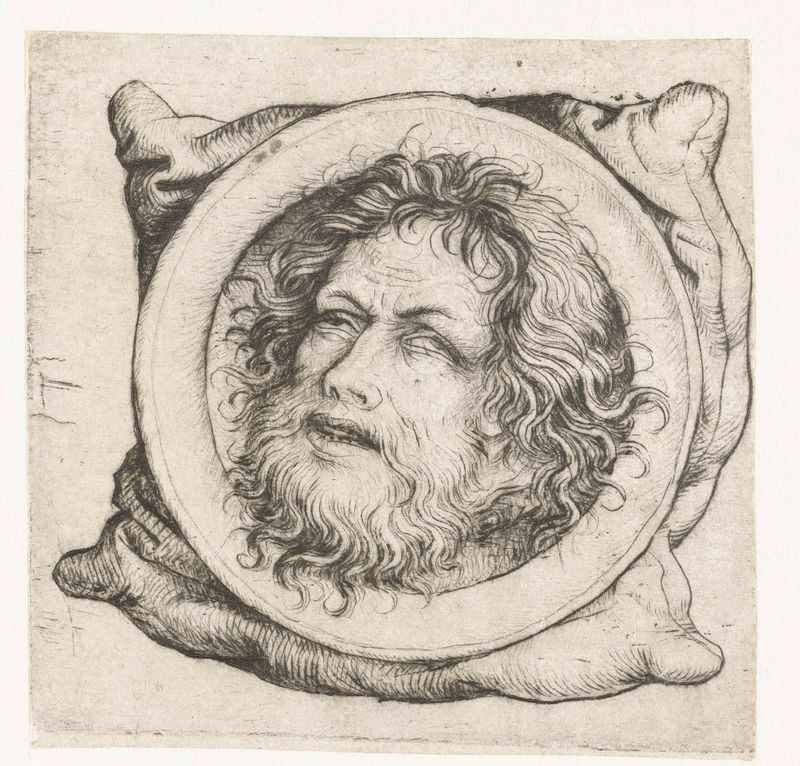Grabado de Meester van het Amsterdamse Kabinet que muestra una cabeza decapitada en un plato