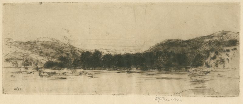 Aquarela de David Young Cameron retratando uma paisagem de rio serena com árvores e reflexos
