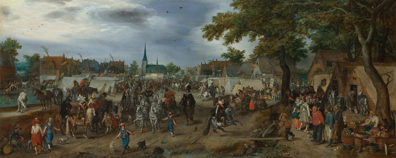 Genre scene of Princes Maurice and Frederick Henry at a horse fair, oil on panel by Adriaen Pietersz van de Venne.