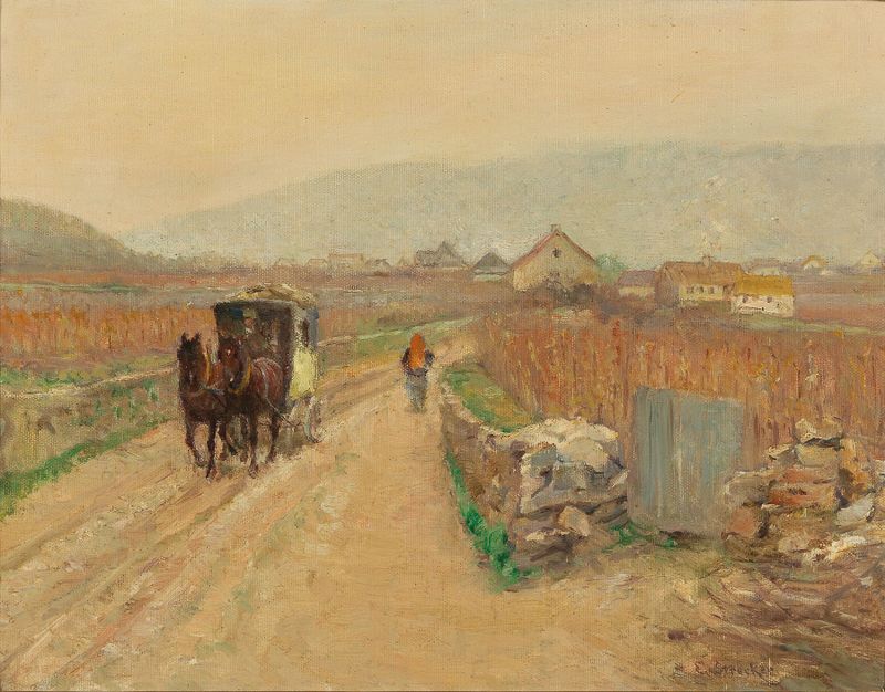 Paisagem mostrando uma carruagem em um caminho de terra ao crepúsculo por Emil Strecker, meio desconhecido.