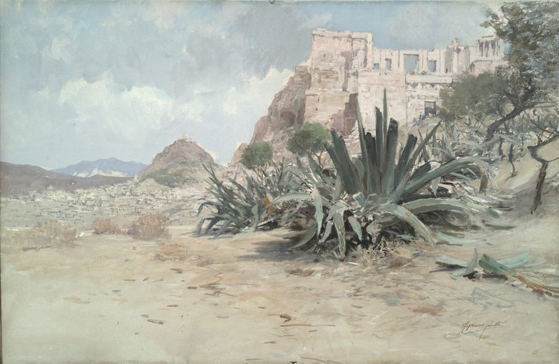 The Approach to the Acropolis, oil on canvas by Francis Hopkinson Smith, featuring a sunlit path and ancient ruins.