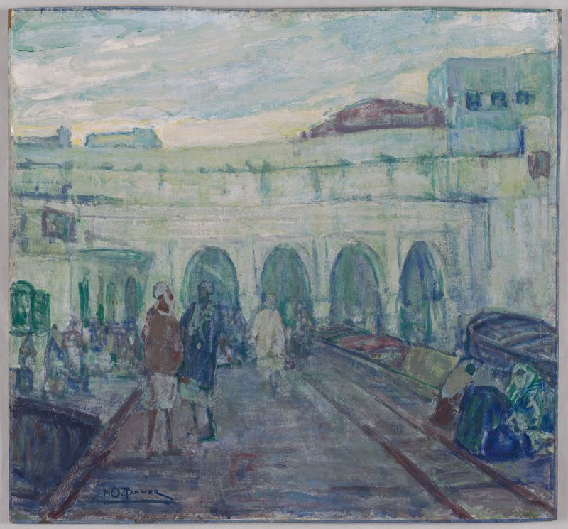Port of Tangiers by Henry Ossawa Tanner, wood medium, depicting a bustling customs house scene.
