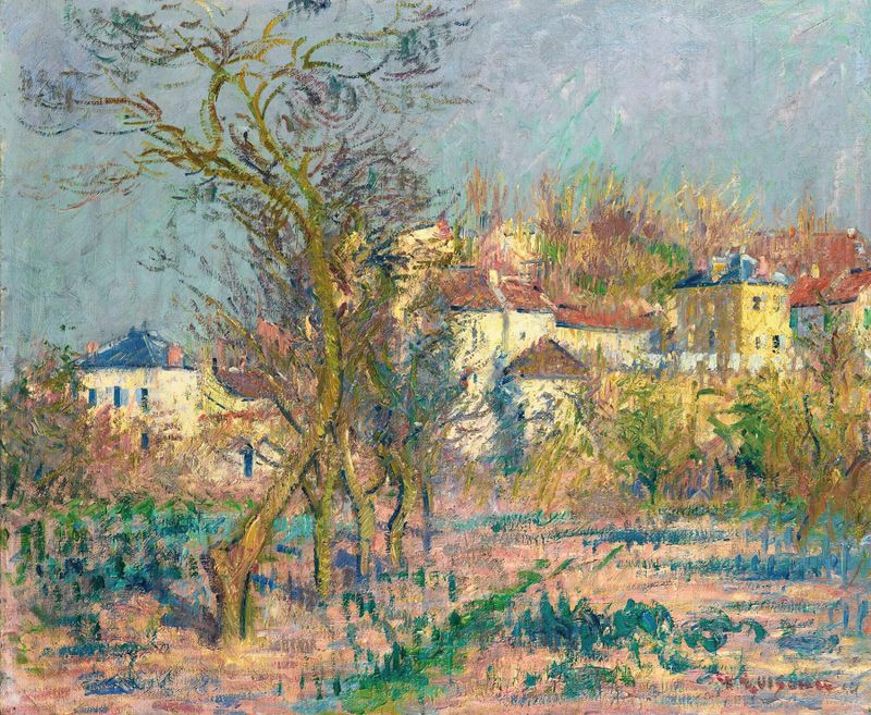 L’hermitage, Pruniers En Fleurs de Gustave Loiseau, pintura al óleo que representa pruniers en flor en un paisaje exuberante.