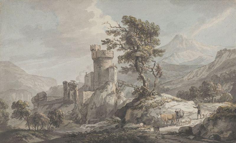 Paisaje montañoso con una fortaleza, pintura al óleo de Paul Sandby