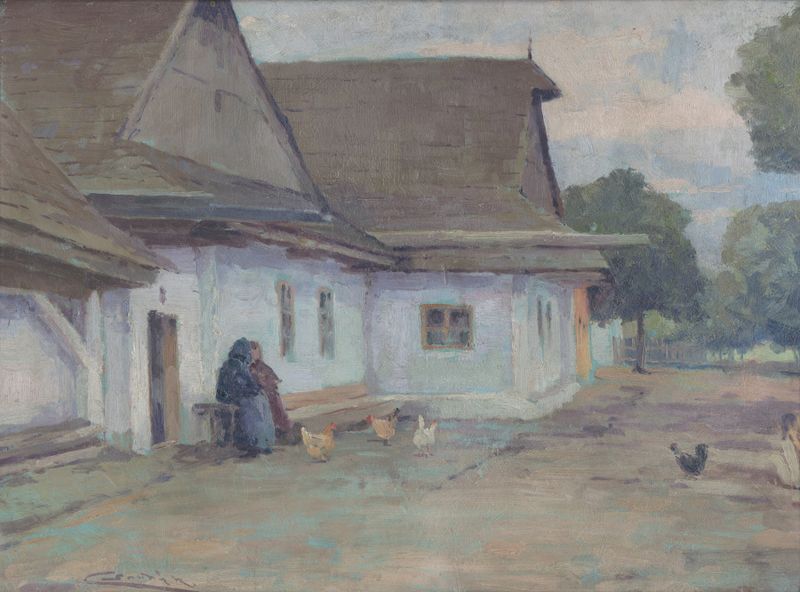 Pintura figurativa al óleo de Ľudovít Čordák con tonos profundos de azul y oro.