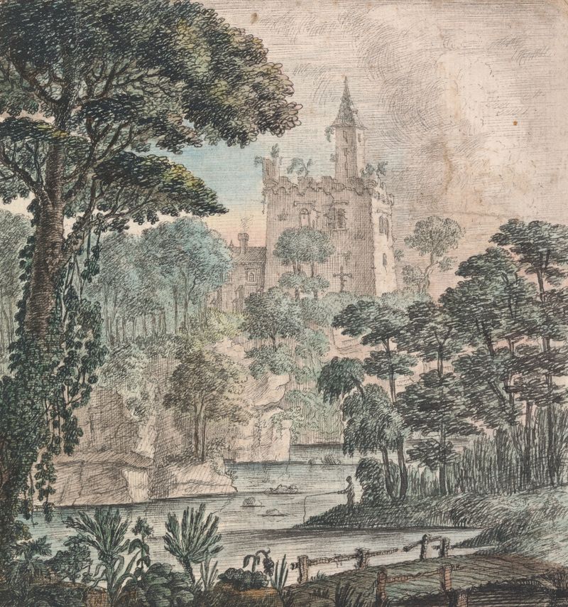 Landscape view with a ruined castle, river, and figure fishing by Henry Swinburne