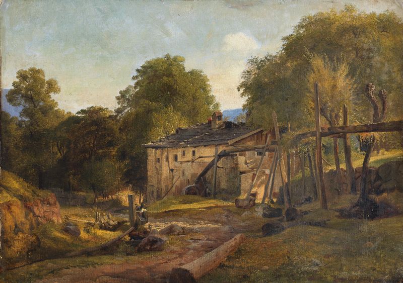 Tyrolean Landscape. Study by Louis Gurlitt, oil on canvas depicting gentle hills and a cool sky.