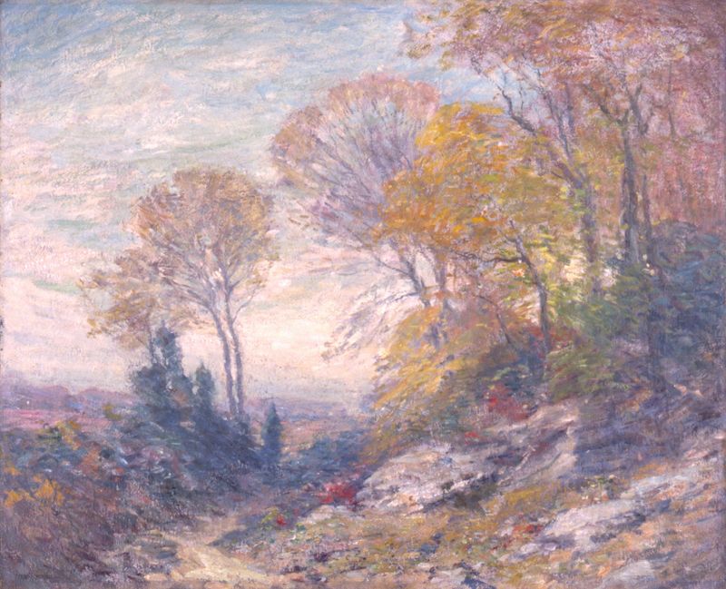 October Morning oil painting by Frank Alfred Bicknell depicting sunlight filtering through autumn leaves in a forest.