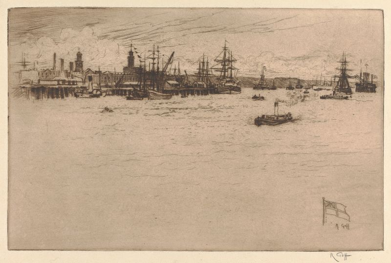 Portsmouth Dockyard de Robert Charles Goff, óleo sobre tela que retrata um porto movimentado com navios e trabalhadores.