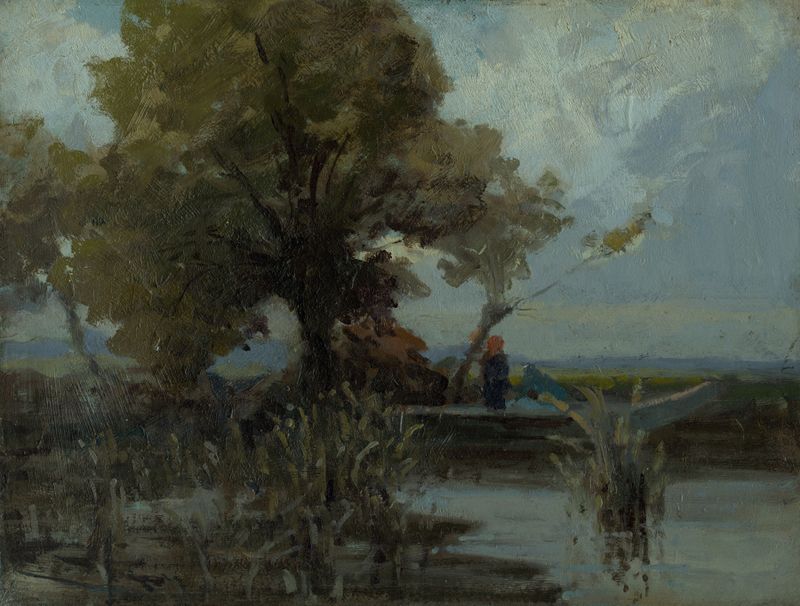 Košatý strom pri jazere by Ľudovít Čordák, oil on canvas depicting a tree by a lake