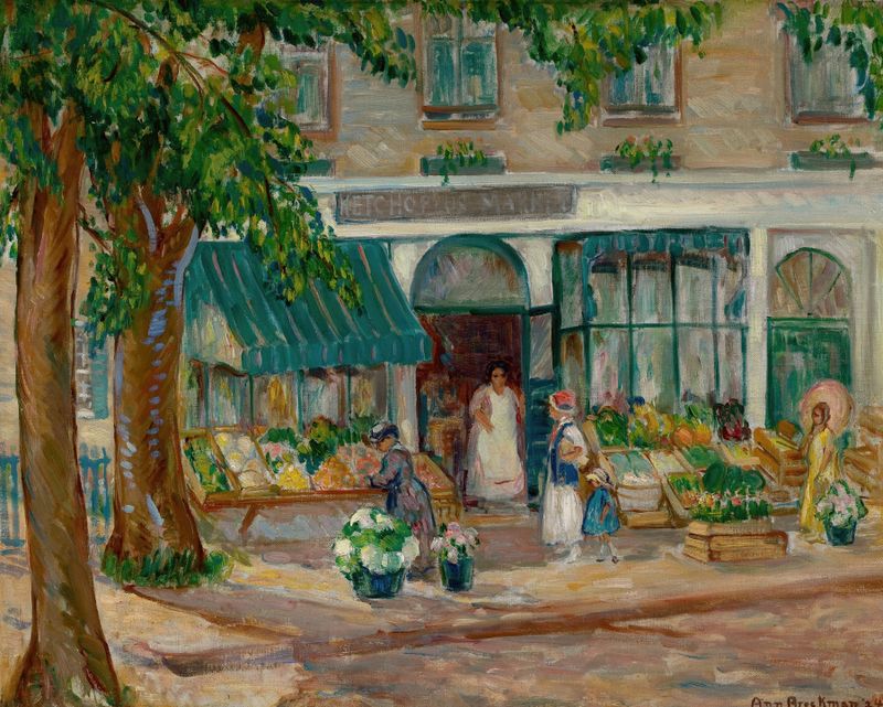 Ketchopolus Market by Ann Brockman, impressionism, depicts a lively market with colorful vendors and sunlight.