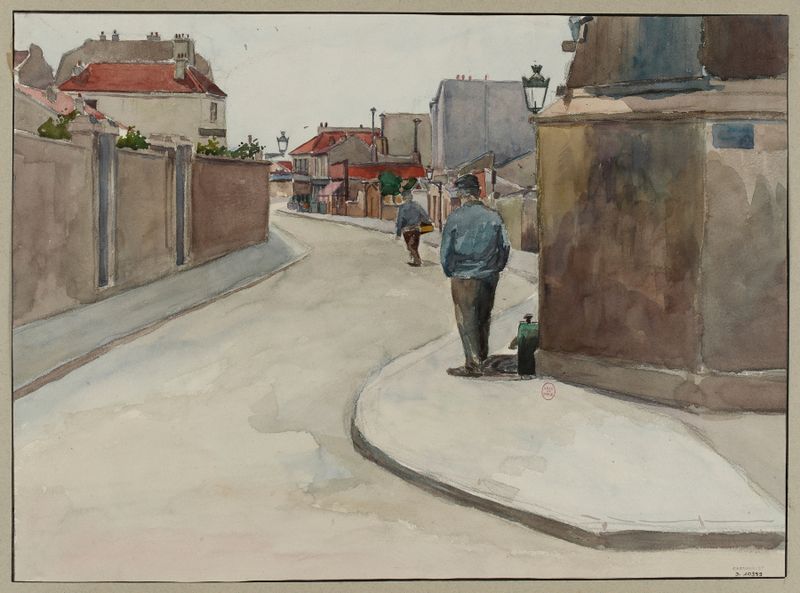 Rue des Morillons, óleo sobre tela de F. Séguin, retratando um canto tranquilo com luz e sombra.