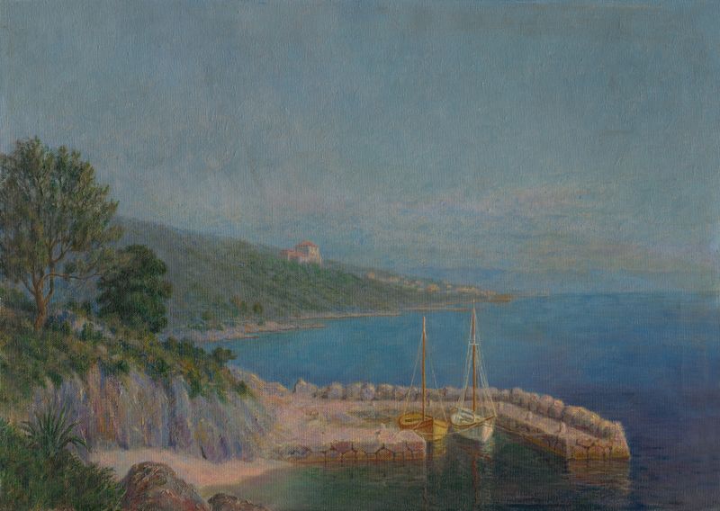 Seascape pintura a óleo de Dezider Czölder retratando águas calmas e luz suave