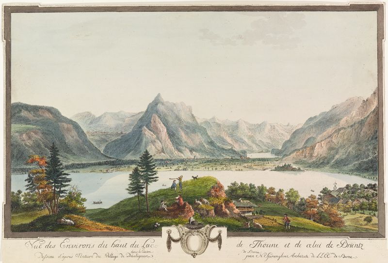 Pintura de paisagem a óleo de Niklaus Sprüngli com o Lago de Thun e montanhas.