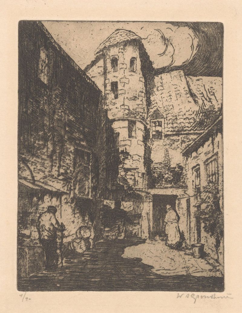 Paisagem de uma rua estreita com edifícios históricos, pintura a óleo de Willem Adrianus Grondhout