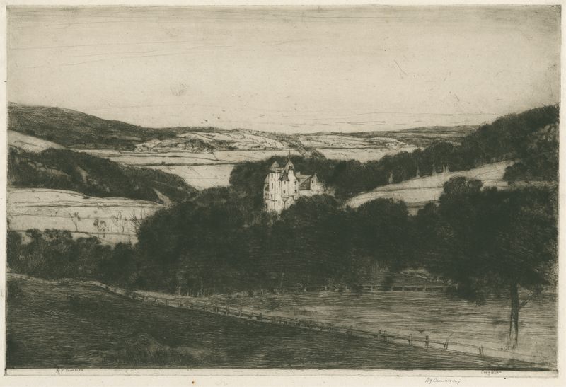 Paisaje del castillo de Craigievar al atardecer, pintura al óleo de David Young Cameron
