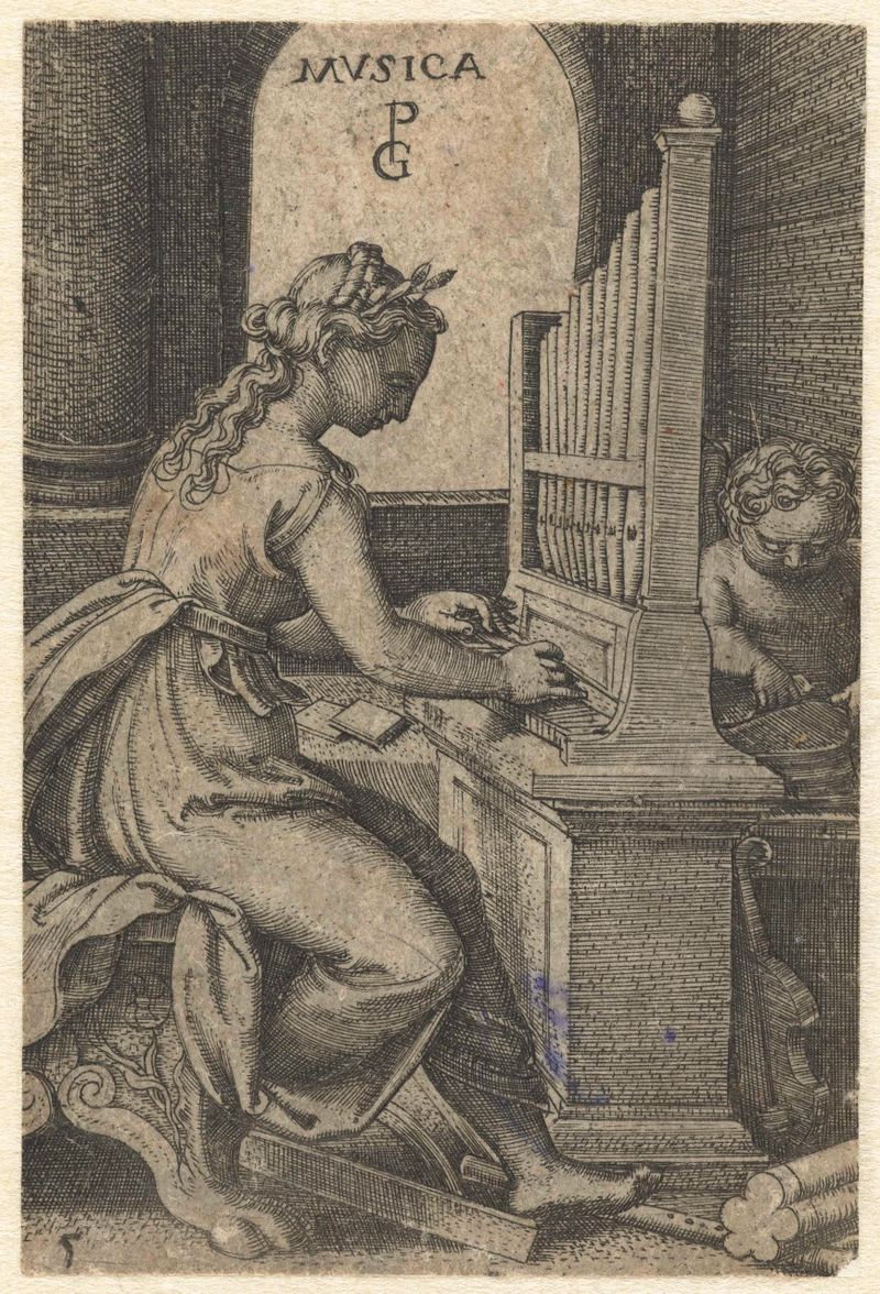 Grabado de Georg Pencz que muestra a una figura tocando un laúd con colores vibrantes.