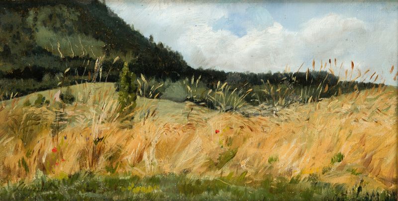 Corn-Field de Leon Wyczółkowski, óleo sobre tela representando um campo de milho dourado.