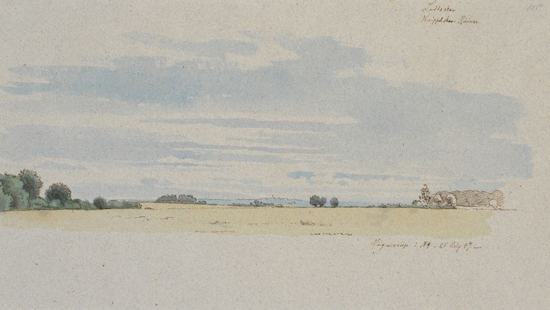 Landscape oil painting by Johan Thomas Lundbye featuring fields and a blue sky.