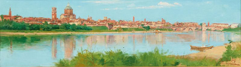 Pintura de paisaje al óleo de Ezechiele Acerbi que muestra Padua con colinas y cielo nublado.