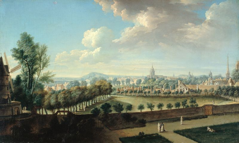 L’Enclos des Chartreux, rue d’Enfer de Nicolas Jean-Baptiste Raguenet, óleo sobre lienzo que muestra luz y follaje.