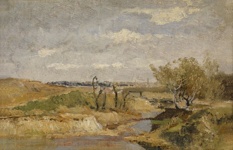 Paisaje sereno con colinas y río, óleo sobre lienzo de Marie Egner