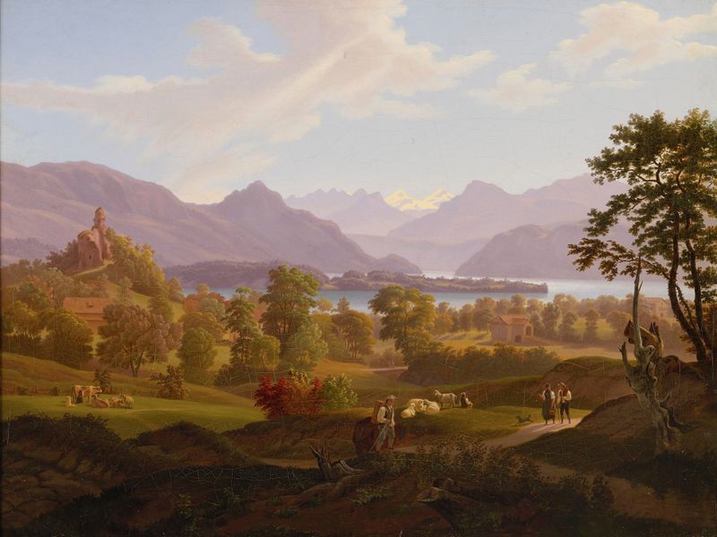 Paisaje con montañas y ruinas, pintura al óleo de Salomon Brunner