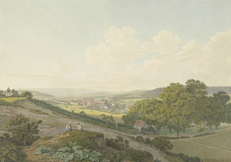 Oil painting by Marquard Wocher depicting a village landscape with a church spire.