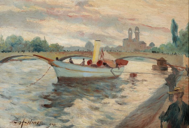 Paisagem representando uma margem de rio na luz dourada, pintura a óleo de Helmer Osslund