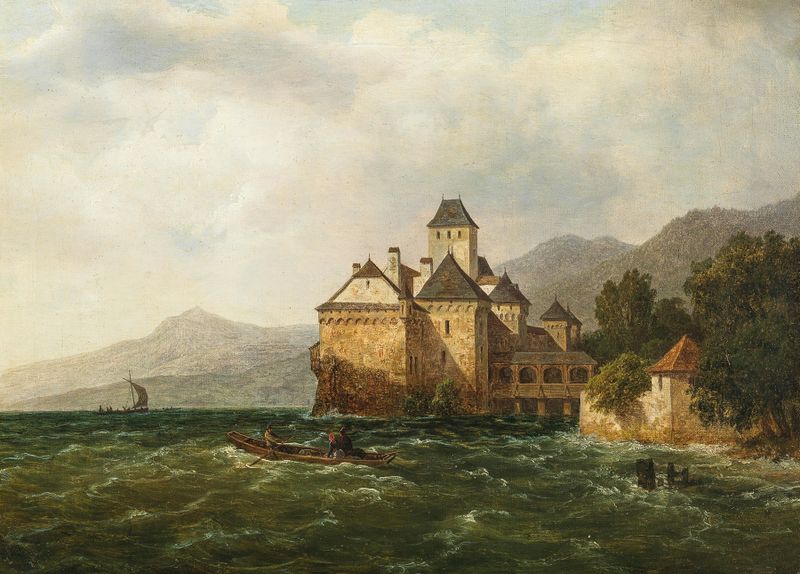 Schloss Chillon de August Piepenhagen, óleo que representa un castillo rodeado de montañas y luz.