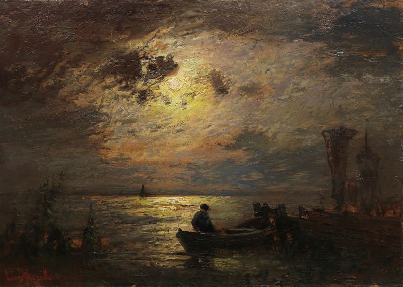 Paisagem iluminada pela lua de Louis Douzette, óleo sobre tela, apresentando azuis e prateados etéreos.