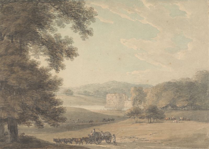 Leeds Castle, Kent by Thomas Hearne, watercolor on paper, serene landscape with castle and river