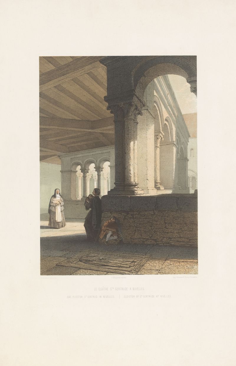 Cloister of St Gertude at Nivelles de François Stroobant, pintura a óleo com arcos intrincados e luz suave.