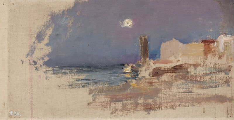 Paisagem iluminada pela lua com água e arquitetura de Jan Ciągliński, pintura a óleo