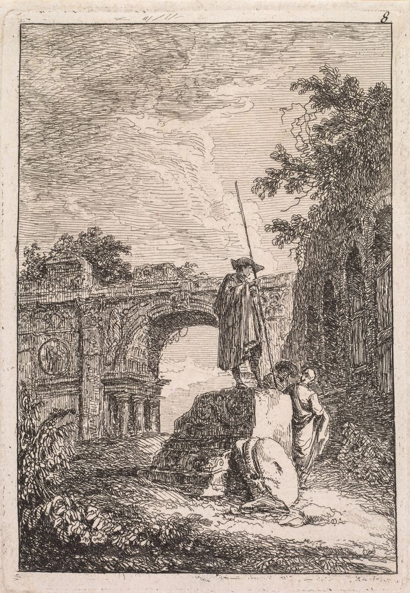 L’Arc de triomphe de Hubert Robert, mostrando un arco incompleto con follaje y cielo.