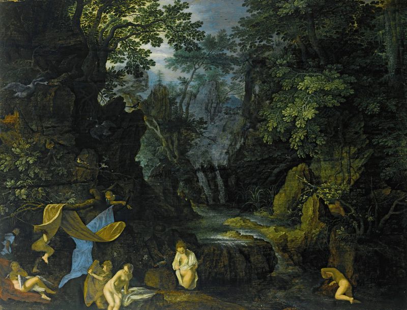 A Forest Landscape With Bathing Nymphs And Leda And The Swan by Roelant Savery, oil painting