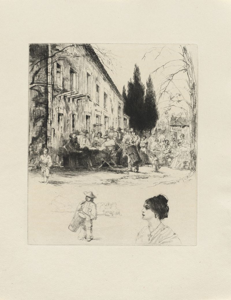 Grabado de Auguste Brouet que muestra una figura emergiendo de las sombras con luz etérea.