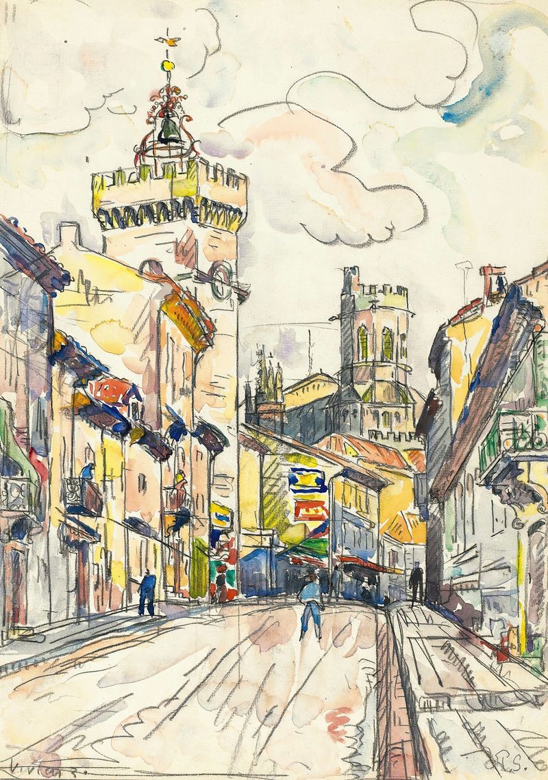 Paisaje vibrante de agua y reflejos en pintura al óleo de Paul Signac