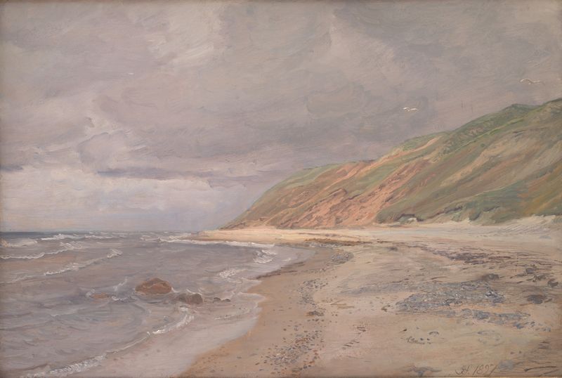 Tisvilde Strand. Gråvejr by Joakim Skovgaard, oil on canvas depicting a serene gray beach landscape.