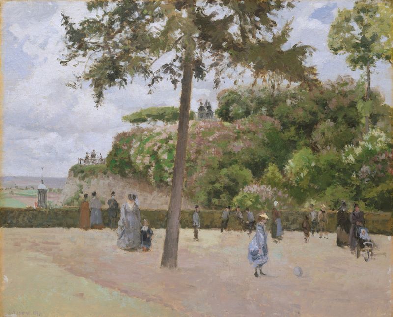 The Public Garden at Pontoise by Camille Pissarro, oil painting of a lively garden scene.