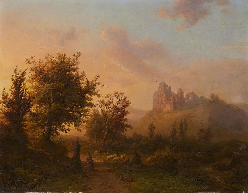Landschaft mit Burgruine und einer Hirtin im Gebet by Johann Bernhard Klombeck, medium unknown