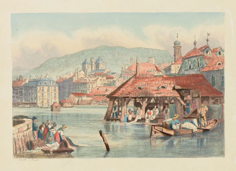 Watercolour by Samuel Prout depicting Geneva from the Rhone with river and village architecture.
